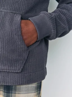 Slate Grey Borg Fleece Rib Textured Quarter Zip Hoodie