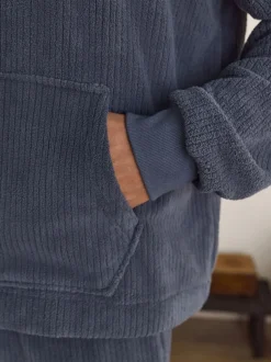 Slate Grey Borg Fleece Rib Textured Quarter Zip Hoodie