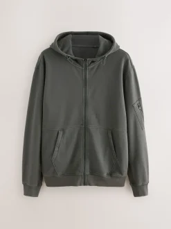 Slate Grey Garment Washed Utility Full Zip Hoodie