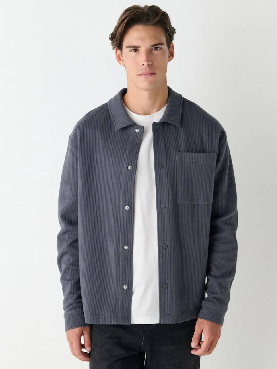 Slate Grey Linear Texture Popper Shacket