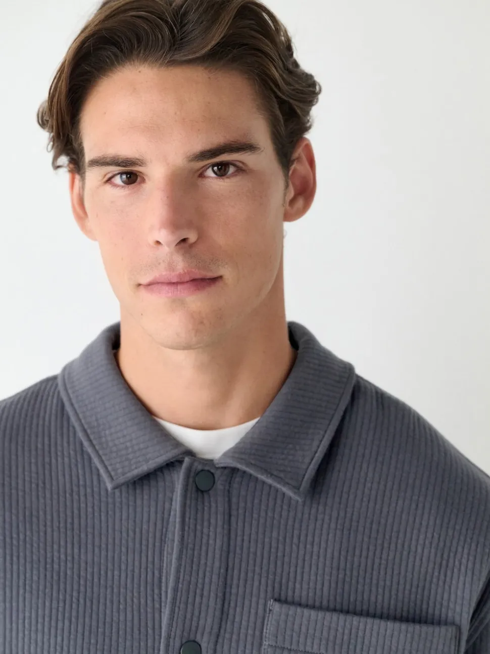 Slate Grey Linear Texture Popper Shacket