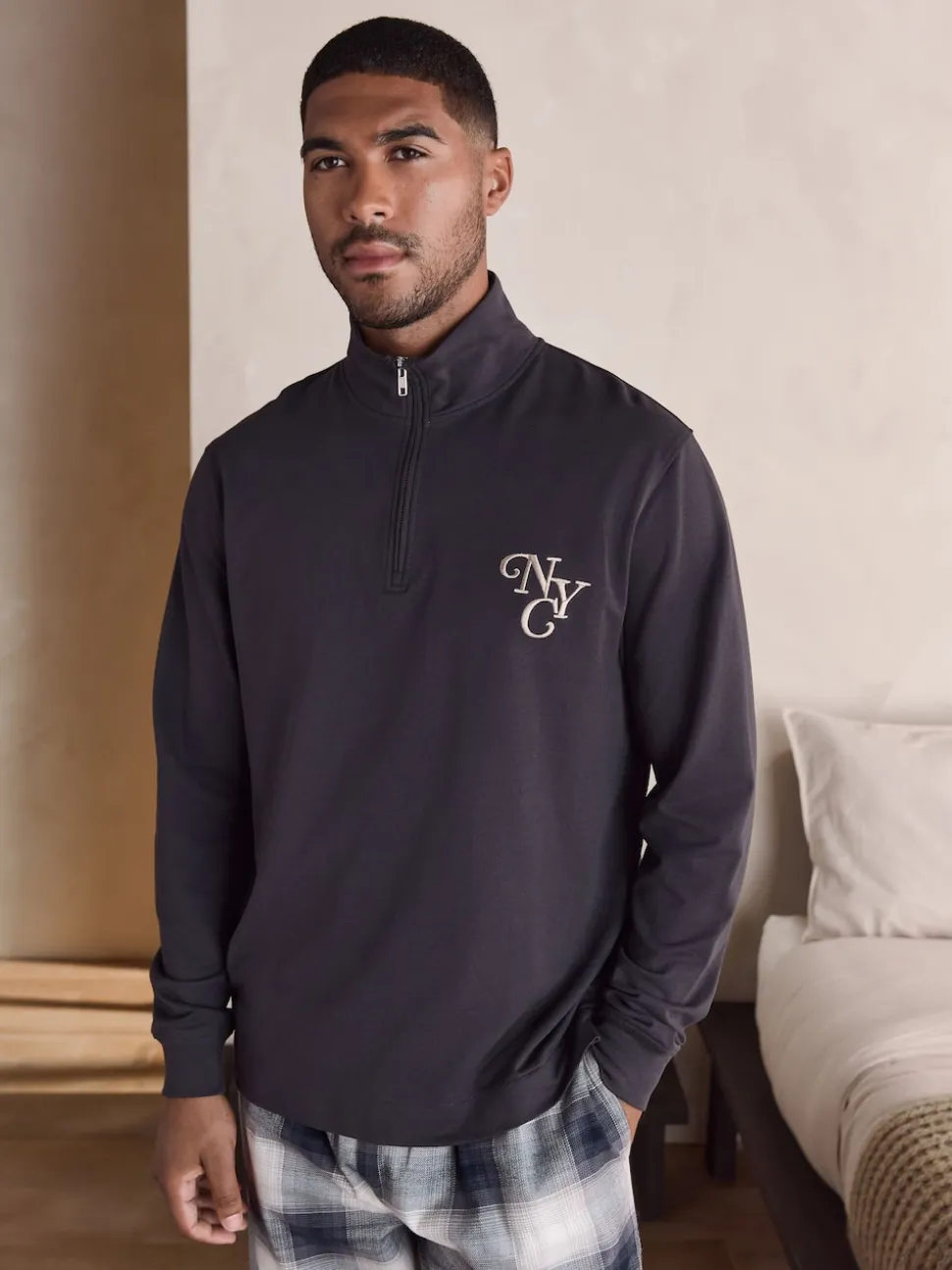 Slate Grey Long Sleeve Embroidered Quarter Zip Pyjamas Set