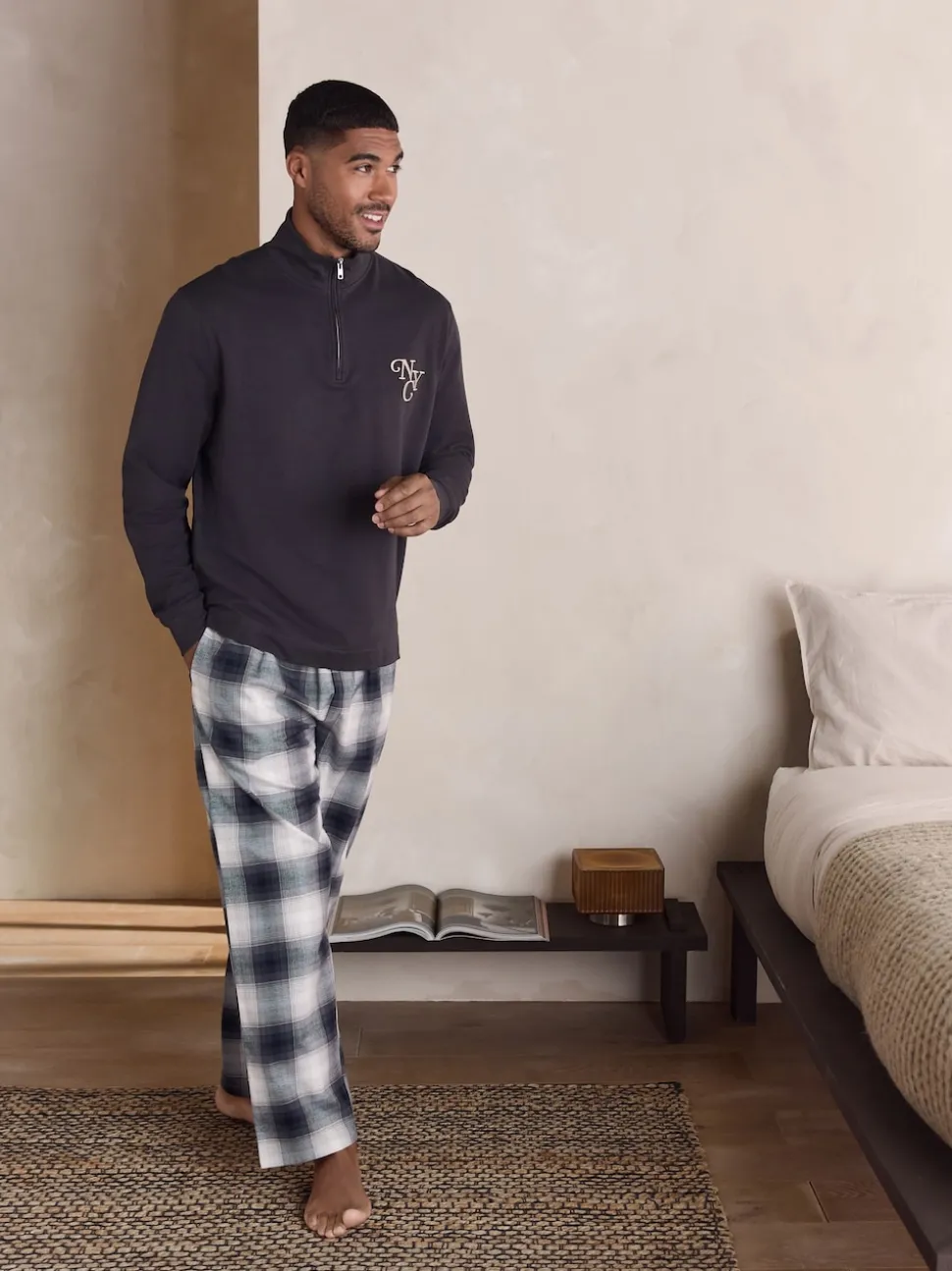 Slate Grey Long Sleeve Embroidered Quarter Zip Pyjamas Set