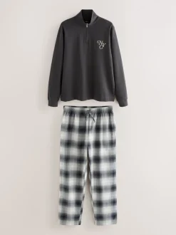 Slate Grey Long Sleeve Embroidered Quarter Zip Pyjamas Set