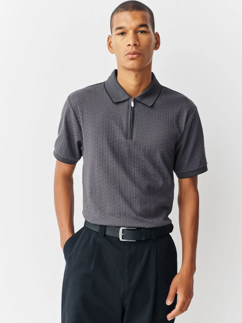 Slate Grey Slim Fit N.Premium Smart Jaquard Polo Shirt