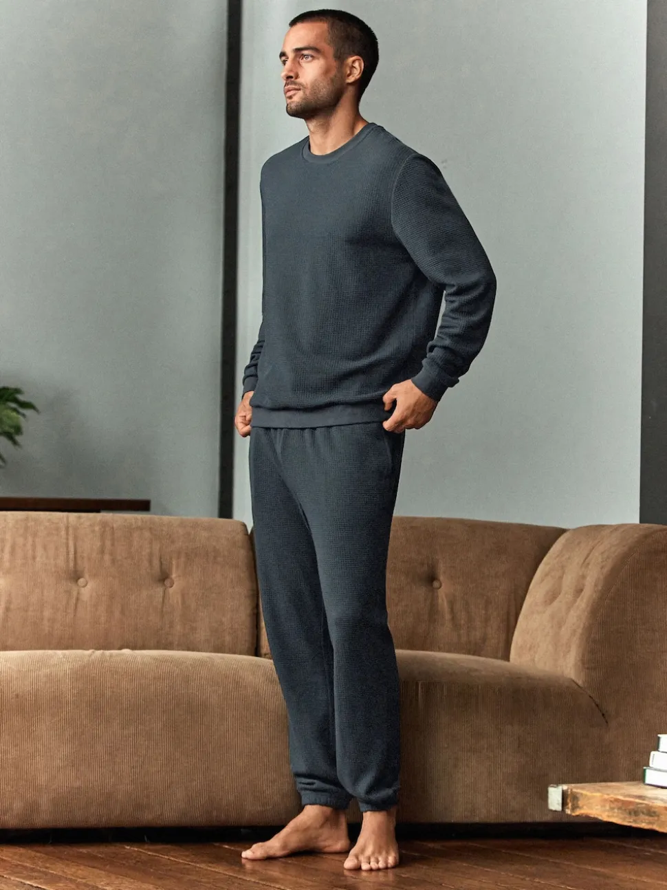 Slate Grey Soft Waffle Long Sleeve Pyjamas Set