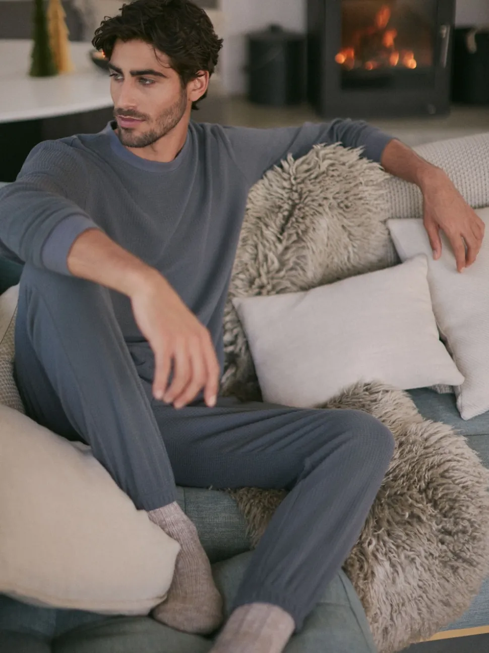 Slate Grey Soft Waffle Long Sleeve Pyjamas Set