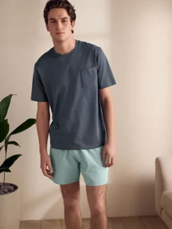 Slate Grey/Green T-Shirt And Striped Seersucker 100% Cotton Pyjamas Set