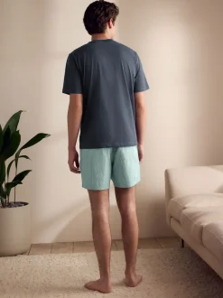 Slate Grey/Green T-Shirt And Striped Seersucker 100% Cotton Pyjamas Set