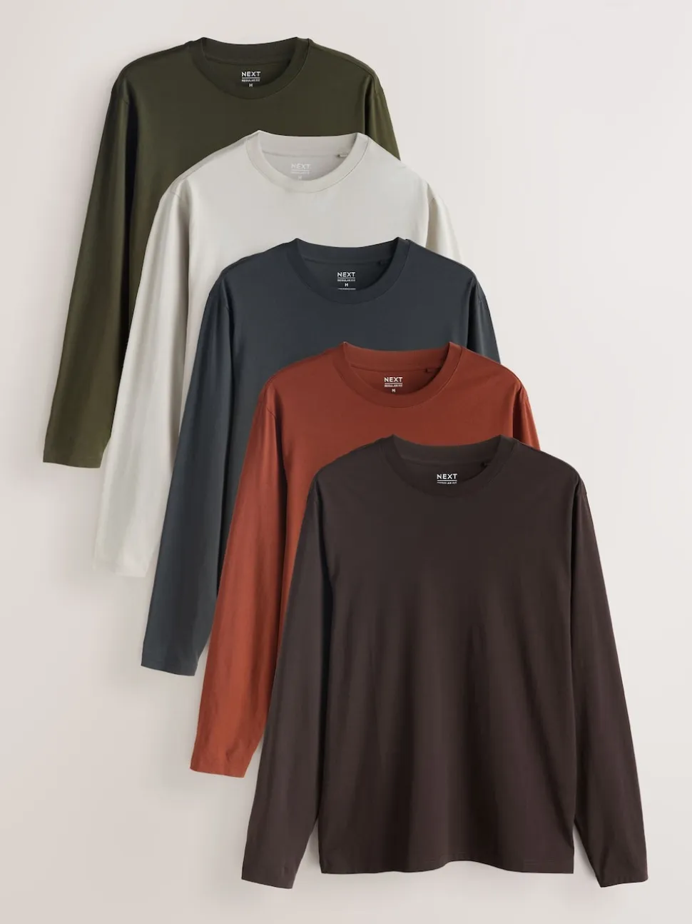 Slate/Green/Ecru/Orange/Brown Regular Fit Regular Fit Long Sleeve 100% Cotton T-Shirts 5 Pack