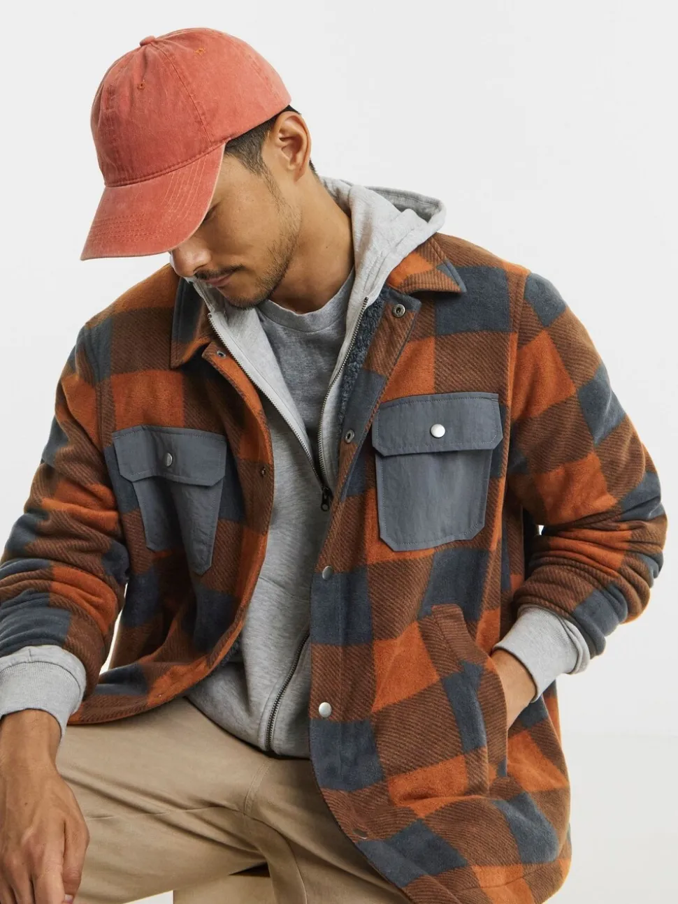 Snowdonia Orange Check Fleece Borg Lined Shirt