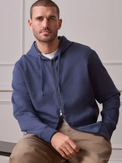 Steel Blue Hooded Zip Through Signature Sweatshirt with Modal