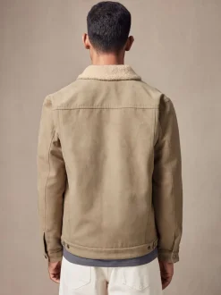 Stone Faux Suede Borg Lined Trucker Jacket