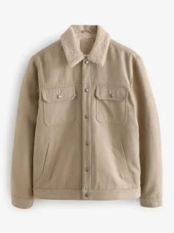 Stone Faux Suede Borg Lined Trucker Jacket