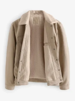 Stone Faux Suede Borg Lined Trucker Jacket