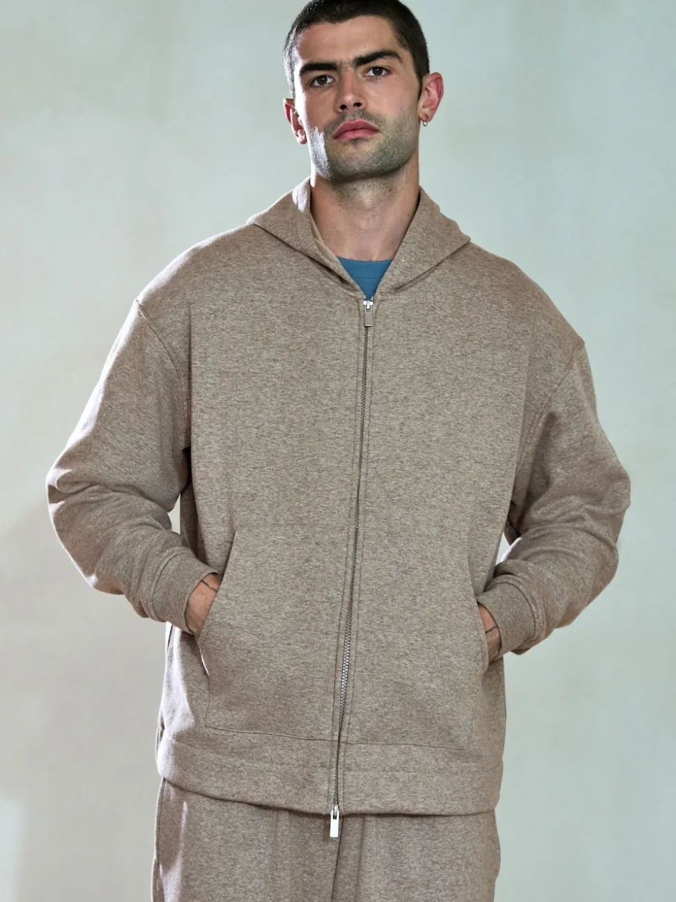 Stone Neutral Velour Lined Zip Through Hoodie