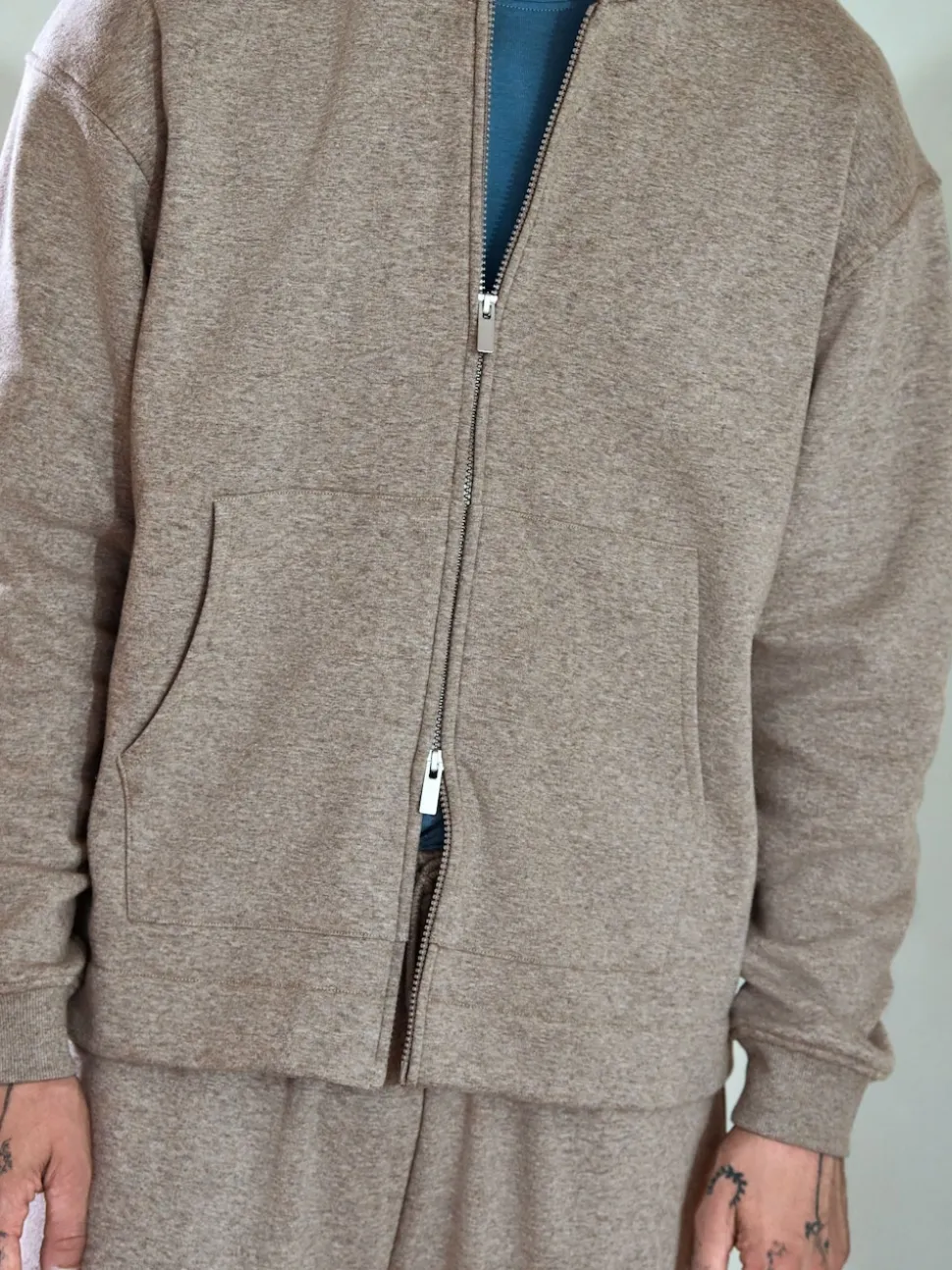 Stone Neutral Velour Lined Zip Through Hoodie