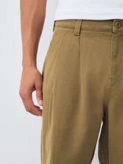 Stone Relaxed Tapered Fit Authentic Twin Pleated Textured Trousers