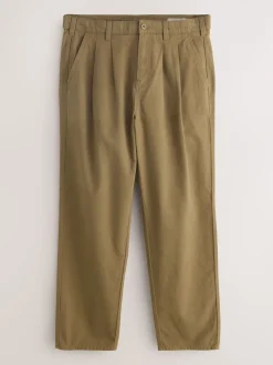 Stone Relaxed Tapered Fit Authentic Twin Pleated Textured Trousers