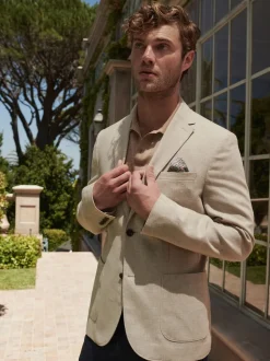 Stone Slim Fit Textured Linen Blend Blazer