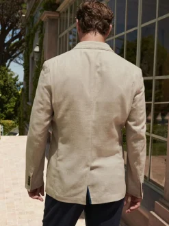 Stone Slim Fit Textured Linen Blend Blazer