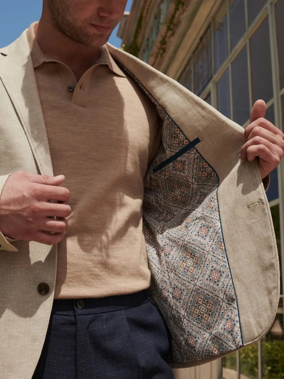 Stone Slim Fit Textured Linen Blend Blazer