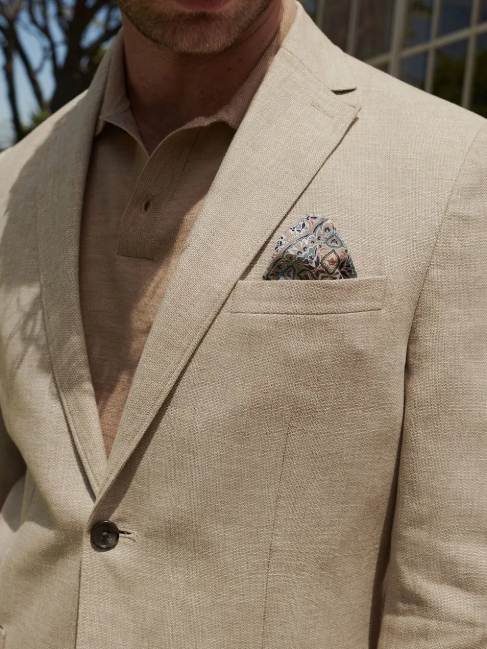 Stone Slim Fit Textured Linen Blend Blazer