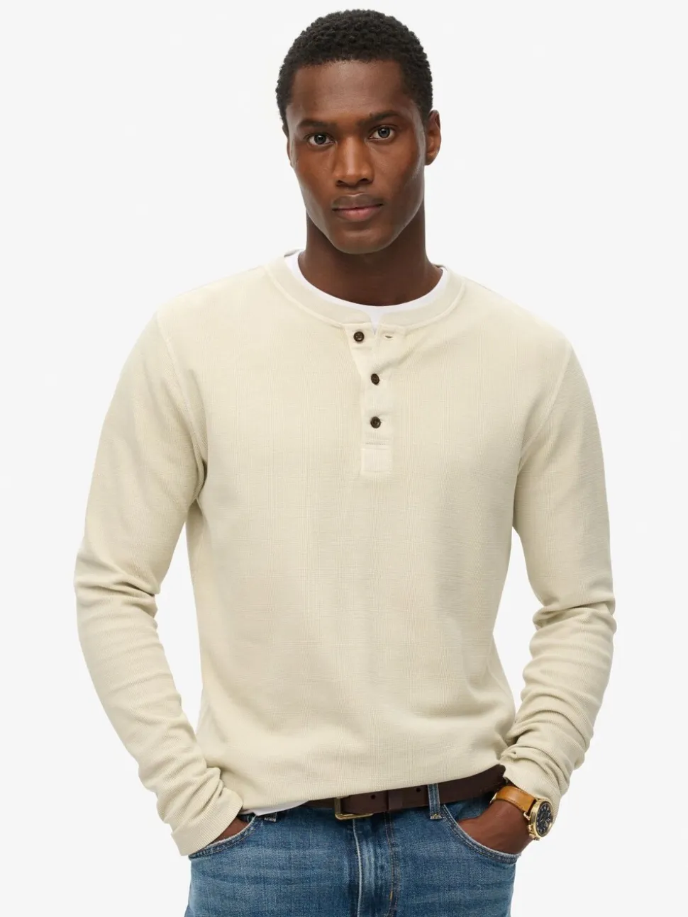 Superdry Natural Waffle Long Sleeve Half Button Top