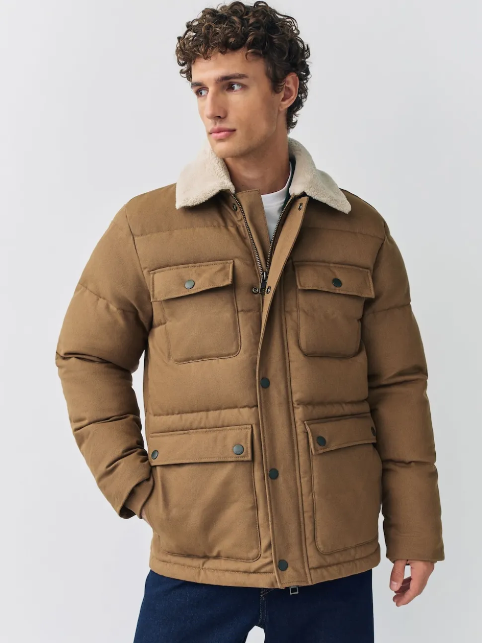 Tan Brown Canvas Worker Puffer Jacket With Borg Collar
