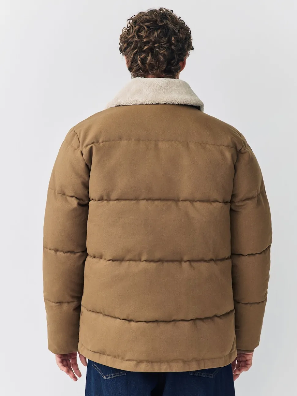 Tan Brown Canvas Worker Puffer Jacket With Borg Collar