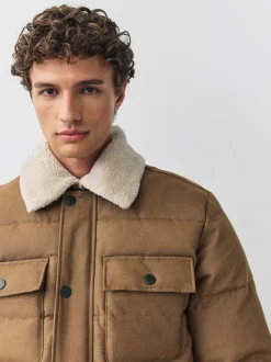 Tan Brown Canvas Worker Puffer Jacket With Borg Collar