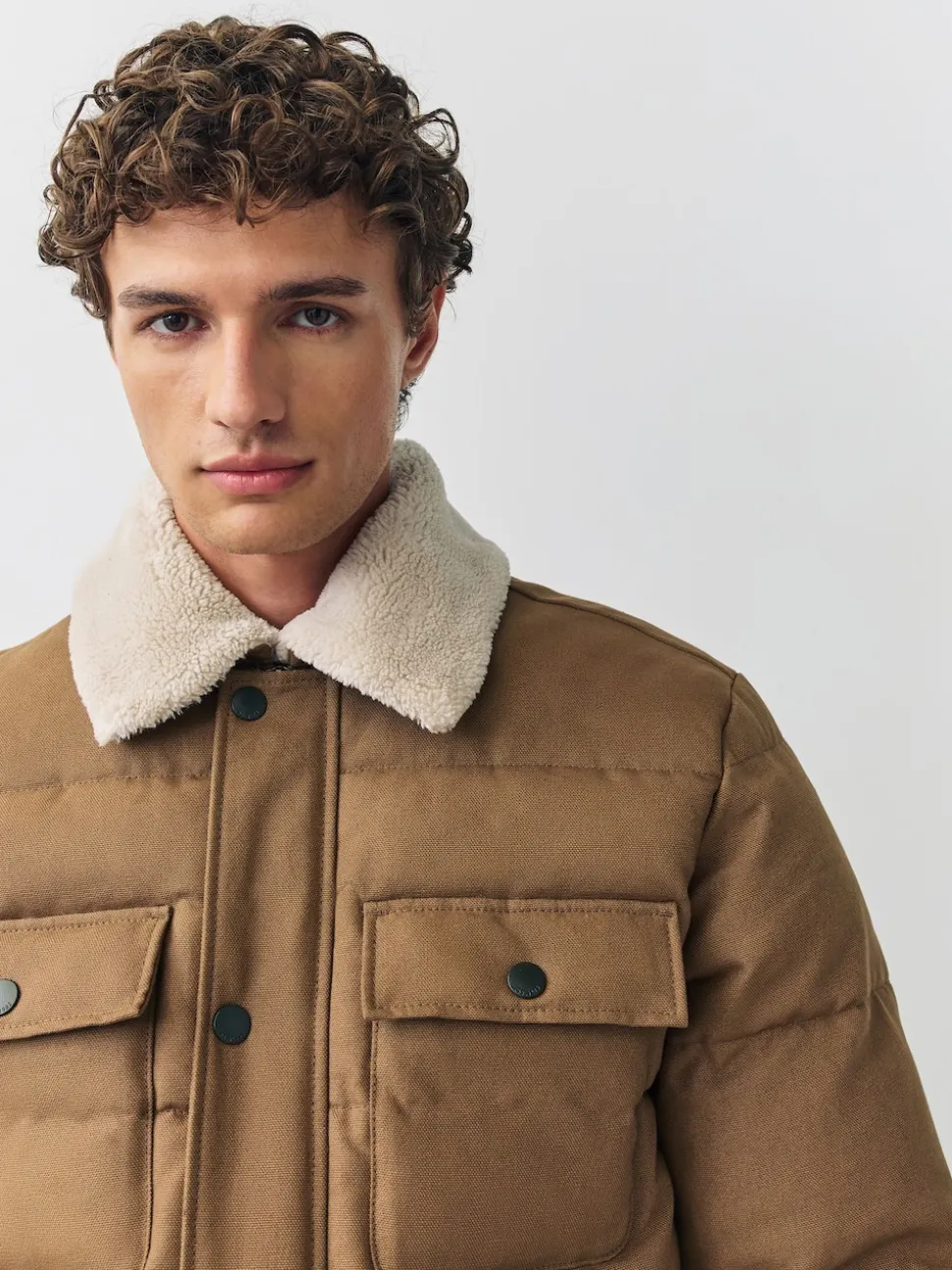 Tan Brown Canvas Worker Puffer Jacket With Borg Collar