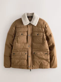 Tan Brown Canvas Worker Puffer Jacket With Borg Collar