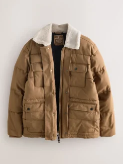 Tan Brown Canvas Worker Puffer Jacket With Borg Collar