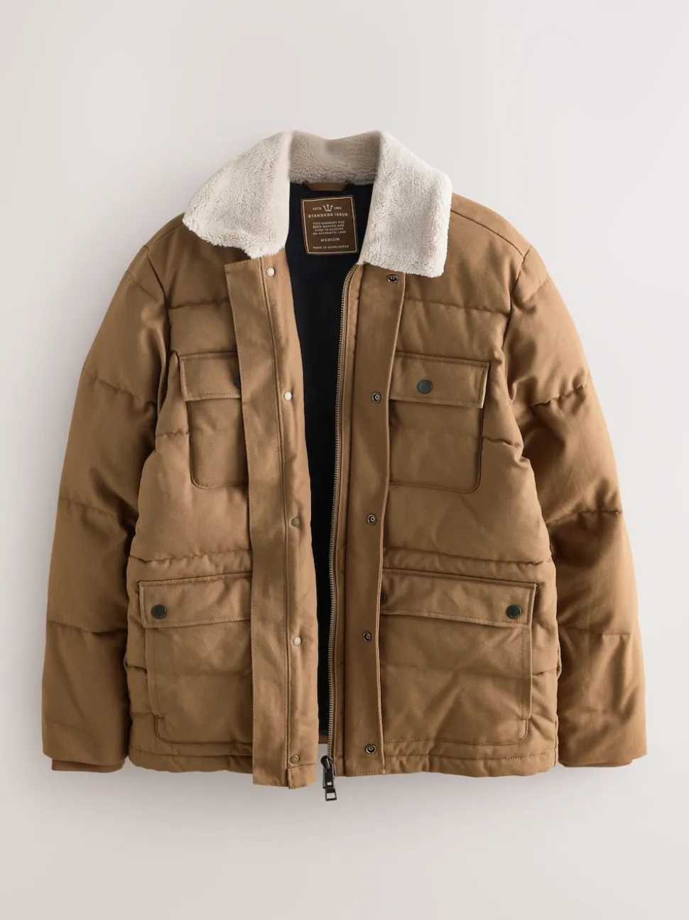 Tan Brown Canvas Worker Puffer Jacket With Borg Collar