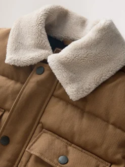 Tan Brown Canvas Worker Puffer Jacket With Borg Collar