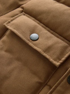Tan Brown Canvas Worker Puffer Jacket With Borg Collar