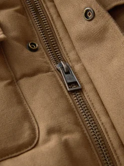 Tan Brown Canvas Worker Puffer Jacket With Borg Collar