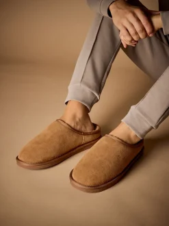 Tan Brown Faux Fur Lined Signature Suede Mule Slippers