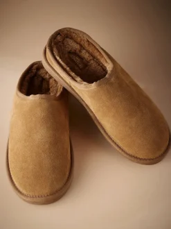 Tan Brown Faux Fur Lined Signature Suede Mule Slippers
