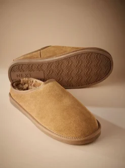 Tan Brown Faux Fur Lined Signature Suede Mule Slippers