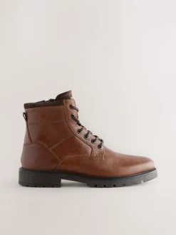 Tan Brown Leather Zip-Up Borg Lined Boots