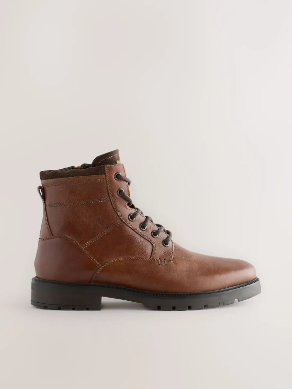 Tan Brown Leather Zip-Up Borg Lined Boots