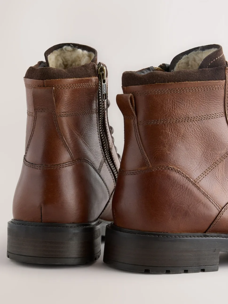Tan Brown Leather Zip-Up Borg Lined Boots
