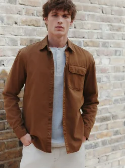 Tan Brown Long Sleeve Garment Dyed Oxford Shirt