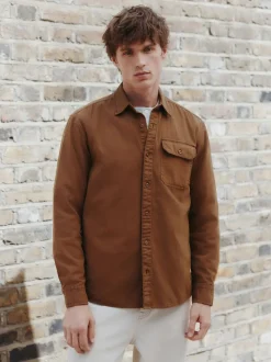 Tan Brown Long Sleeve Garment Dyed Oxford Shirt