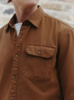 Tan Brown Long Sleeve Garment Dyed Oxford Shirt