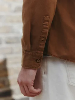 Tan Brown Long Sleeve Garment Dyed Oxford Shirt