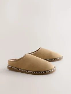 Tan Brown Microsuede Taped Mule Slippers