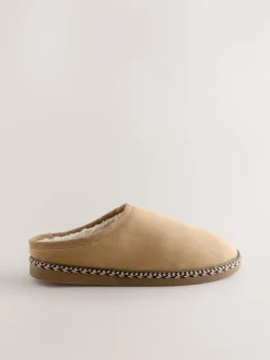 Tan Brown Microsuede Taped Mule Slippers